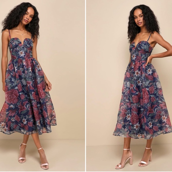 LULU's Floral Sexy Flowy Special Event Prom Wedding Chic Elegant Midi Dress - Picture 5 of 5